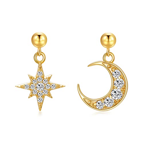 14K Real Gold Moon & Star Drop Stud Earrings For Women Small Dainty Earrings For Girls Gifts For Her Christmas #TOP13