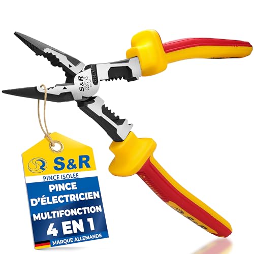 S&R Pince Électricien VDE 1000V. Pince à Bec Long Plat Multifonction pour Couper, Dénuder, Saisir Câbles – Pince Coupante Isolée 220 mm – Acier 60CrV...