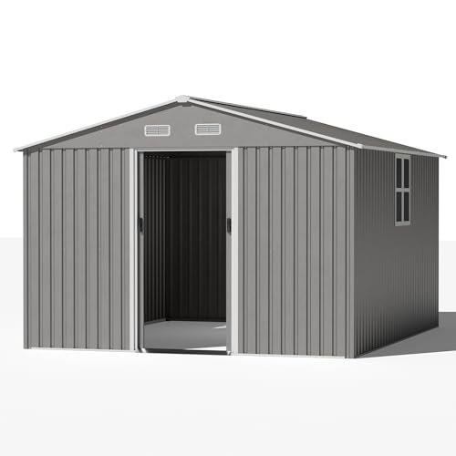 Gotland-12FT-x-10FT-Metal-Storage-Shed-for-Outdoor-with-Design-of-Lockable-Slide-Doors-and-Air-Vent-Tiny-House-Utility-and-Tool-Storage-for-Garden-Backyard-Patio-Lawn Gotland 12FT x 10FT Metal Storage Shed for Outdoor with Design of Lockable Slide Doors and Air Vent Tiny House Utility and Tool Storage for Garden Backyard Patio Lawn