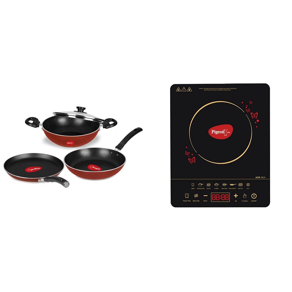 pigeon by stovekraft basics induction base non-stick aluminium cookware set, terracotta brown+pigeon by stovekraft abs plastic acer plus induction stove,cooktop,chula of 1800 watts with feather touch