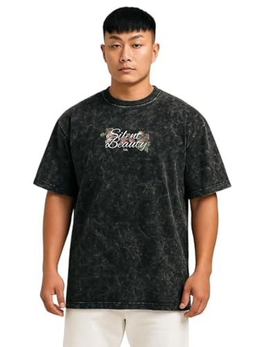 Image of VEL Heavy Pure Cotton Men's Graphic Print Oversized Fit Half Sleeve Round Neck Cotton Acid Wash Print T-Shirt (in, Alpha, S, Regular, 1, CloudBlack)