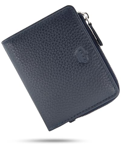 Baur kleine Damen-Geldbörse | Großes Scheinfach & Münzfach mit Reißverschluss | Druckknopfverschluss | Portemonnaie mit 7 Kartenfächern | Echtleder mit RFID-Schutz (Silber Reißverschluss, Dunkelbau)