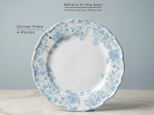 Image of Bodhi House 4-Piece Blue Leaf White Porcelain Dinner Plates Set | Lightweight, Chip Resistant | Microwave & Dishwasher Safe | Elegant Tableware for Home Dining, Parties & Gifting