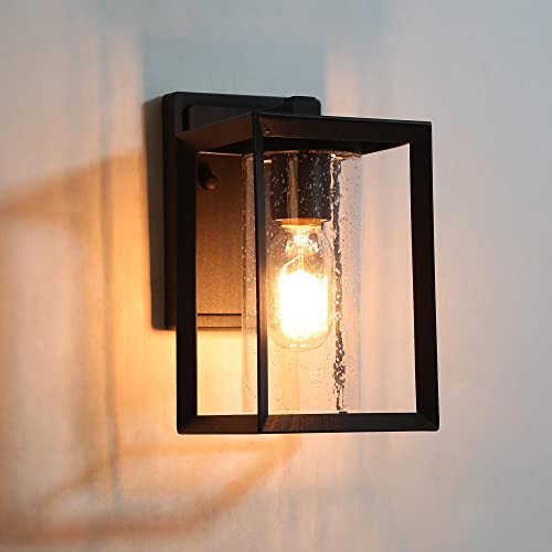 Uolfin Black Outdoor Wall Lights, Modern Farmhouse Outdoor Light Fixtures For Patio, Square Exterior Wall Mounted Lantern With Seeded Glass Sand Grain Finish #TOP1