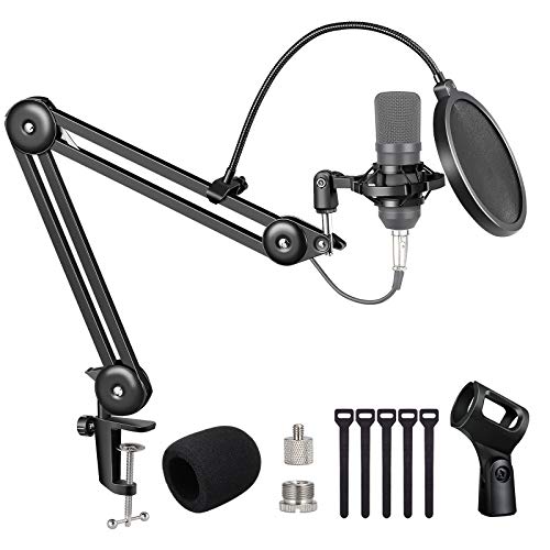 Microphone Stand,OPULANE Upgraded Heavy Duty Adjustable Desk Mic stand Set, Suspension Scissor Mic Boom Arm Stand with Shock Mount, Mic Clip and Pop Filter for Blue Yeti (14