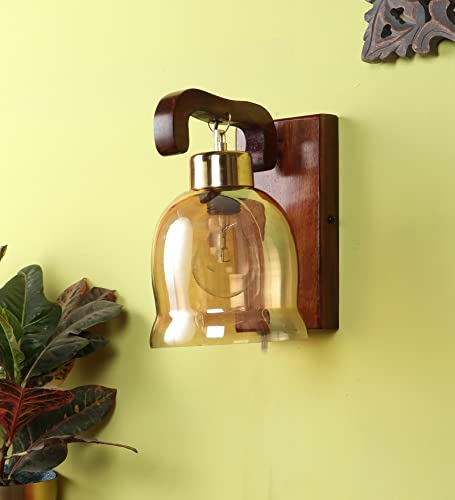 Image of Green House Handmade Sheesham Wood Wall Light /Lamp /U-Downlight Design /Lustre Bell Glass /E27 Bulb Holder(Bulb not Included) /Living Room,Bedroom,Hall /Luxurious /Classic Home Decor Lighting