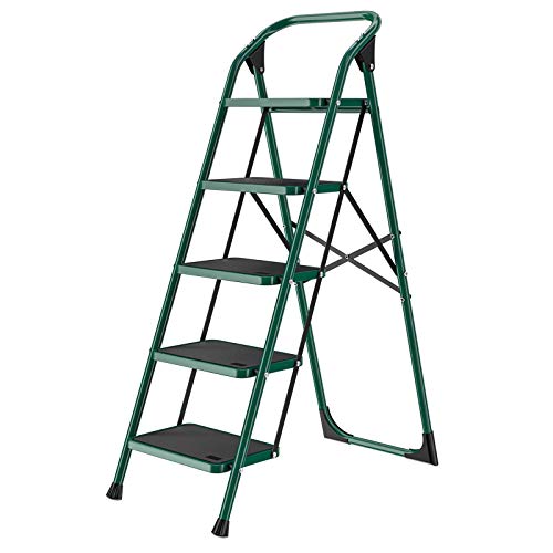 SUNCOO 5 Step Ladder, Folding Step Stool w/Non-Slip Rubber Feet, 330lbs Load Sturdy Steel Foldable Ladders, Lightweight Portable Stool Stairs, Multi-use Ladder Stand for Household and Office