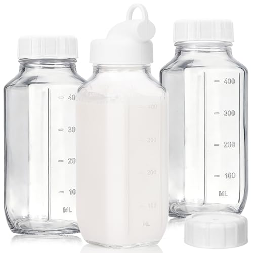CUCUMI Glass Juice Bottles with Lids, 3 Pack Clear Glass Water Bottles with 1 Pour Spouts, 16 Oz Reusable Milk Jug with Airtight Caps and Scale for Juicing Containers