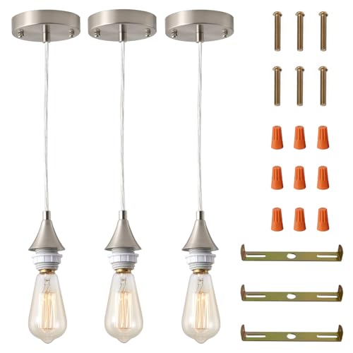 Image of Vintage Brushed Nickel Pendant Light Kit,E26 Lamp Socket DIY Pendant Light Cord,Adjustable Hanging Light Fixtures for Kitchen,3Pack