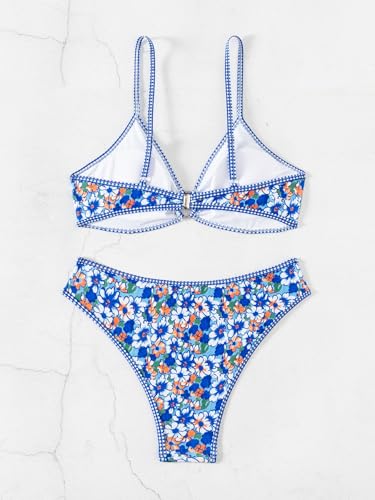 Image of Fanuerg Women's Triangle Bikini Sets O Ring Linked Two Piece Swimsuits Floral Printed Cheeky Bathing Suit