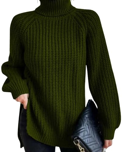 Fashionable High Neck Sweater Womens Slit Hem Long Sleeve Dress Style Knit Sweater Casual Workwear