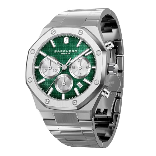 SAPPHERO Herrenuhr Quarzwerk Chronograph Handgelenk Herrenuhr Achteckig Edelstahl 50M Wasserdicht Leuchtend Armbanduhr Luxus Analog Quarz Uhr für Männer mit Datum Elegant Herren,Silber Grün