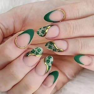 Almond Press on Nails French Tip Fake Nails St Patrick s Day False Nails with Shamrock Gold Lines Design Short Almond Glue on Nails Matte Irish Lucky Clover Stick on Nails for Women Manicure