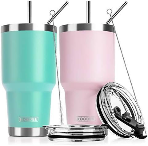 koodee 2 Pack Tumbler 30 oz Stainless Steel Insulated Tumbler Cup Travel Coffee Mug with Lid and Straw, BPA Free (30 oz, Teal and Pink)