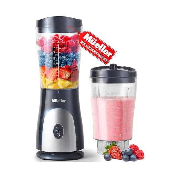 Mueller Personal Blender for Shakes and Smoothies with 15 Oz Travel Cup and Lid, Juices, Baby Food, Heavy-Duty Portable Blender & Food Processor, Grey
