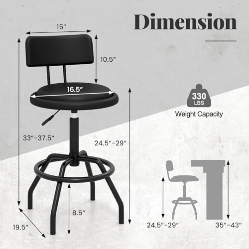GIANTEX Taburete Giratorio Set de 2 para Isla de Cocina y Barra Ajustable en Altura con Asiento y Respaldo Acolchonado, Reposapiés, Estructura Metálica, Tapizado en Cuero PU Negro miniatura 3