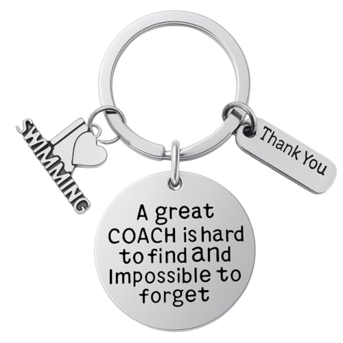 Swim Coach Keychain – Engraved Pendant “A Great Coach is Hard to Find and Impossible to Forget” with Thank You and I Love Swimming Charms – Appreciation Gift