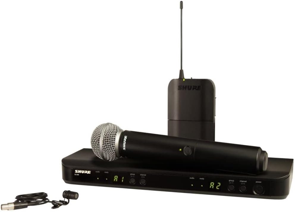 Shure BLX1288/W85 UHF Wireless Microphone System, 300ft Range, 14-Hour Battery Life, Includes Handheld & Lavalier Mics, Dual Channel Receiver, H10 Band
