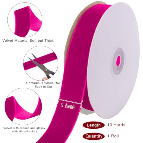 Image of Tsorode 10 Yards Hot Pink Velvet Ribbon for Christmas Tree,1 Inch