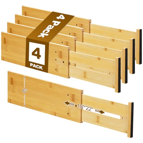 DoubleFill 4 Pcs Deep Bamboo Drawer Dividers, Deep Kitchen Dresser Drawer Organizer with Spring Loaded for Clothes, Adjustable Expandable from 15-22 Inch (Wood Color,6 Inch)
