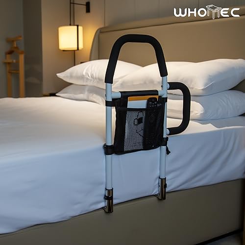 Bed Rails for Elderly Adults Safety-Bed Assist Rail with Double Grab Bars & Fall Prevention Guard & Storage Pocket Fits King, Queen, Full, Twin, Support Up to 300lbs,Height 25.6'' (Double Grab Bars)