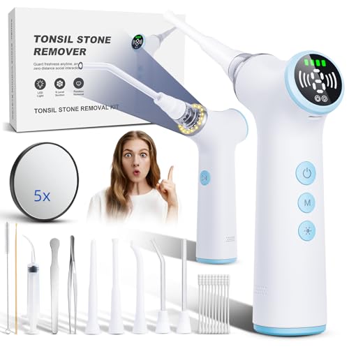 Electric Tonsil Stone Remover Vacuum 8 Suction Levels with LED Light Safety Pause Button & Oral Protection | High-Precision Tonsil Stone Removal Kit with 13 Attachments(White)