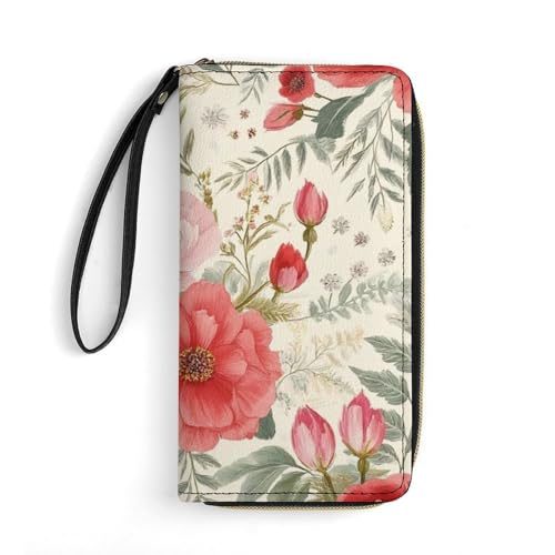 Travel Purse Fashion Design, Huge Storage Capacity Wallet With Rope, Cute Decor Purse, Long PU Zipper Wallet Floral Chic Flowers Roses Pedals Dots Leaves Buds Spring Season Theme