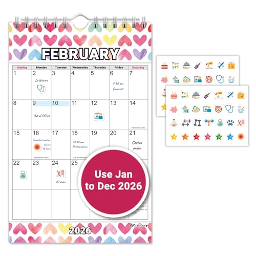 CRANBURY Small Wall Calendar 2026, 5.5x8.5" Mini Calendar, Bonus Stickers and Note Spaces, Perfect Size for Wall, Desk, Fridges or Bulletin Boards, Monthly Seasonal Designs