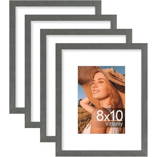 Vittanly 8x10 Picture Frames Set of 4, Display Pictures 5x7 with Mat or 8x10 without Mat, Gallery Frame Set for Wall or Tabletop Display, Engineered Wood with Shatter Resistant Plexiglass, Slate Grey