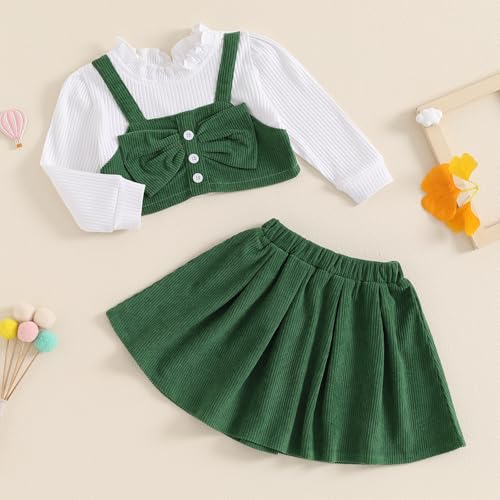 BeQeuewll Fall Winter Toddler Baby Girl Clothes Long Sleeve Ruffle Patchwork Top Corduroy Skirt Set Girls Dress 2pc Outfits2