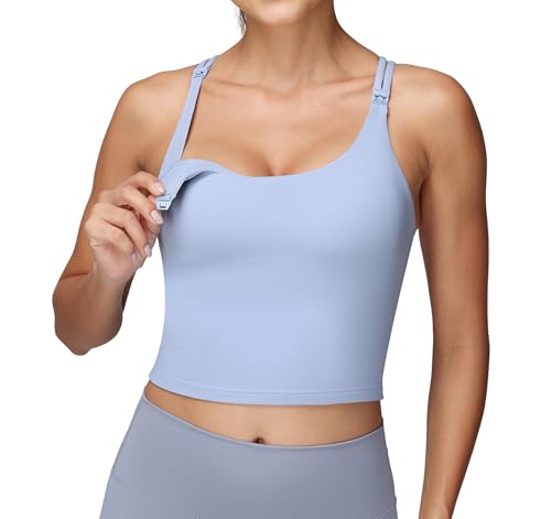 Foucome Nursing Tank Tops for Breastfeeding Cross Back Workout Top Blue M