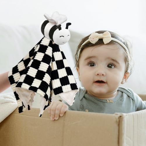 Image of High Contrast Bee Baby Security Blanket for Boys Girls 14 Inch | Super Soft 3D Checkerboard Gingham with Minky Dot Fabric Backing Snuggle Stuffed Animal Shower Gift Black