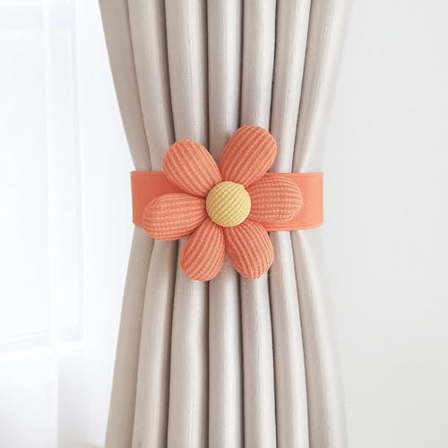 qbodp 2 Pack Flower Curtain Tiebacks Elastic Band Tie Backs for Drapes, Elegant Decorative Curtain Holdbacks for Girl Room, Orange