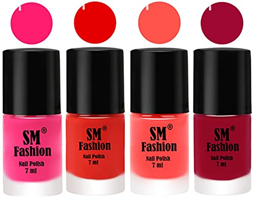 Image of Nail Polish Combo Set (Pack of 4) Quick Dry Gel Finish Nail Paint | Deep Pink,Fire Orange,Baby Pink,Pure Wine | 7 ml Each