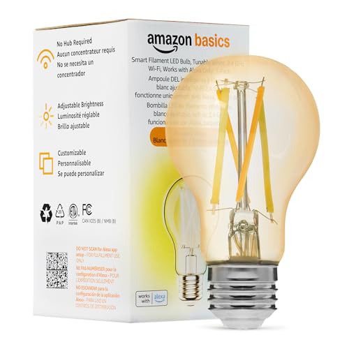Amazon Basics A19 Smart Filament LED Bulb Tunable White 2.4 GHz Wi-Fi Works with Alexa Only 1-Pack