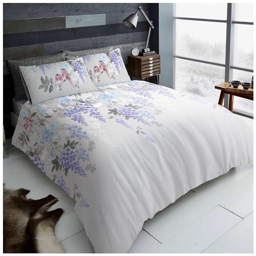 Lions Double Duvet Cover Set with Fitted Sheet and Pillowcase - 4 Piece Complete Bedding Sets Reversible Grey Floral Rose Printed Poly Cotton Quilt Covers Bed, Girls Women