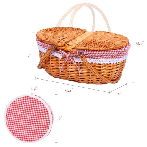 HYBDAMAI Wicker Picnic Basket Set for 4 with Lid and Handle Picnic Hamper with Washable Lining and Cutlery Set for Outdoor, Camping, Halloween, Christmas, and Birthday