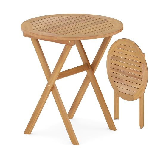 Tangkula 26-Inch Acacia Wood Outdoor Dining Table Folding Round Patio Bistro Table with Slatted Tabletop & X-Shaped Frame Outside Dining Table for Porch Garden Backyard Poolside
