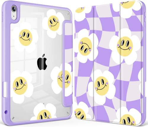 Tuiklol Case for iPad 11 inch (A16 Chip) 2025 Gen 11th / iPad 10.9 inch 2022 10th Gen, Buit in Pencil Holder with Shockproof Cover Clear Transparent Back Shell Auto Wake/Sleep,Checkered Smile Flowers