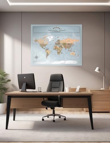 Image of IPIC - Canvas World Maps for Wall Decor, Push Pin Map Decor to Mark Travels, Large World Travel Map Print for Home, Office, Study, and RV, Ready to Hang