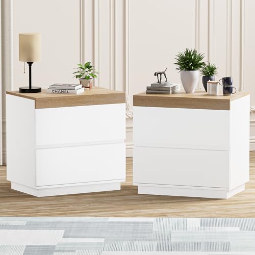 Image of Nightstand Set of 2 with Oak Top, 23.7 inch White Night Stand with 2 Drawers, Modern Bedside Table Wood End Table for Bedroom