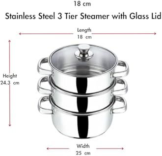 Vinod Stainless Steel Steamer 3 Tier with Glass Lid 18 cm | 2.5 mm Thick Base | Multi Purpose Momos, Modak Maker Steamer | Induction and Gas Base | - Silver