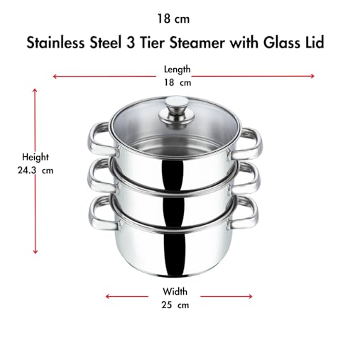 Vinod Stainless Steel Steamer 3 Tier with Glass Lid 18 cm | 2.5 mm Thick Base | Multi Purpose Momos, Modak Maker Steamer | Induction and Gas Base | - Silver