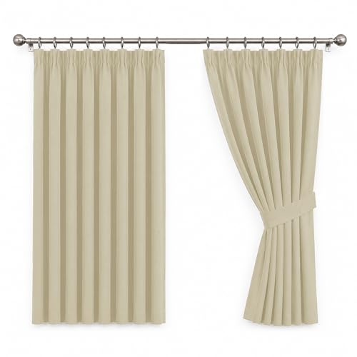 Image of Oxford Homeware Blackout Curtains for Living Room 46 x 54 Inch Pencil Pleat Cream Curtains for Bedroom Super Soft Thermal Curtain & Drapes 2 Panels with Tiebacks