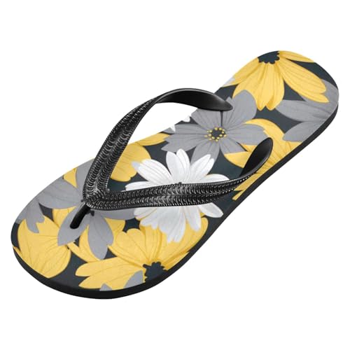 Womens Flip Flops Gray Yellow White Daisy FlowerNon-Slip Casual Beach Slippers Rubber Sandals214B2589