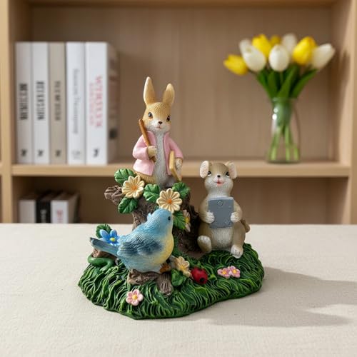 Estatua decorativa de resina conejo ratón y pájaro jardín miniatura 4