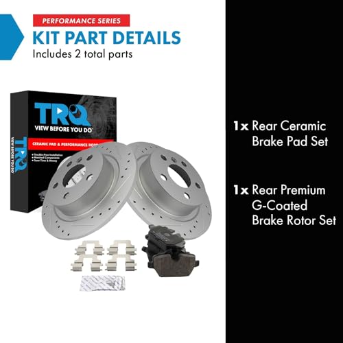 Image of TRQ Performance Rear Brake Pad and Rotor Set Ceramic Coated Drilled Slotted Compatible with 2017-2018 Mini Cooper Countryman