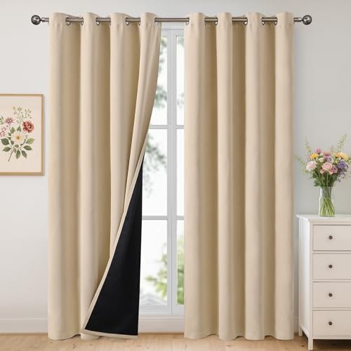 Image of YoungsTex 100% Blackout Curtains 84 Inch Length 2 Panels, Room Darkening Drapes with Liner Thermal Insulated for Bedroom Window, Warm Beige, 52 X 84 Inch