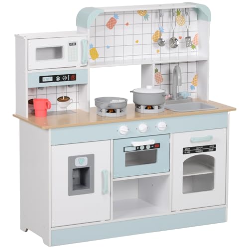 AIYAPLAY Cocina de Juguete para Niños +3 Años Cocina de Madera Infantil Cocinita Infantil con Sonido Fogón Grifo Fregadero Microondas Cafetera Máquina de Hielo y Accesorios de Cocina Blanco