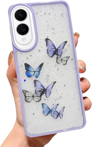 Image of VONZEE for Samsung Galaxy S25 Edge 5G Clear Glitter Butterfly Case, Cute Bling Sparkle Shiny Soft Silicone TPU Bumper Shockproof Women Girls Slim Protective Phone Cover for Galaxy S25 Edge 5G, Purple